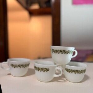 4 Pyrex Vintage Pyrex Crazy Daisy Coffee Mugs 1970s Green Floral